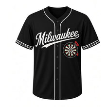 Load image into Gallery viewer, Tavern Dartboard Milwaukee Baseball Jersey in Tavern Black, front view – round dartboard with three darts graphic with crossed-darts crest, custom name and number