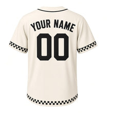 Load image into Gallery viewer, Tavern Dartboard Milwaukee Baseball Jersey in Chalk Cream, back view with your name and number – custom block name and number with checker-stripe sleeves