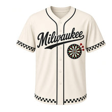Load image into Gallery viewer, Tavern Dartboard Milwaukee Baseball Jersey in Chalk Cream, front view – round dartboard with three darts graphic with crossed-darts crest, custom name and number