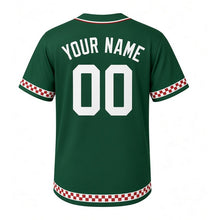 Load image into Gallery viewer, Tavern Dartboard Milwaukee Baseball Jersey in Felt Green, back view with your name and number – custom block name and number with checker-stripe sleeves