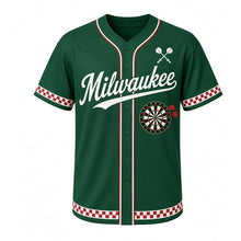 Load image into Gallery viewer, Tavern Dartboard Milwaukee Baseball Jersey in Felt Green, front view – round dartboard with three darts graphic with crossed-darts crest, custom name and number