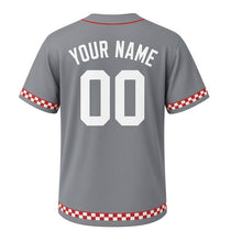 Load image into Gallery viewer, Tavern Dartboard Milwaukee Baseball Jersey in Pub Steel Gray, back view with your name and number – custom block name and number with checker-stripe sleeves