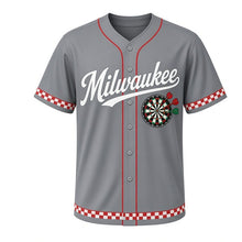 Load image into Gallery viewer, Tavern Dartboard Milwaukee Baseball Jersey in Pub Steel Gray, front view – round dartboard with three darts graphic with crossed-darts crest, custom name and number