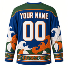 Load image into Gallery viewer, Te Maeva Nui Original Hockey Jersey in Ocean Blue, back view with custom YOUR NAME and 00