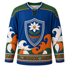 Load image into Gallery viewer, Te Maeva Nui Original Hockey Jersey in Ocean Blue, front view with themed artwork and clean crest