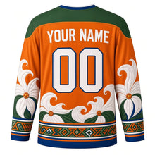 Load image into Gallery viewer, Te Maeva Nui Original Hockey Jersey in Sunset Orange, back view with custom YOUR NAME and 00