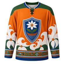 Load image into Gallery viewer, Te Maeva Nui Original Hockey Jersey in Sunset Orange, front view with themed artwork and clean crest