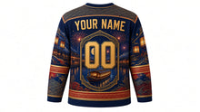 Load image into Gallery viewer, Tenjin Matsuri Original Hockey Jersey in River Night Navy, back view with custom YOUR NAME and 00