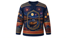 Load image into Gallery viewer, Tenjin Matsuri Original Hockey Jersey in River Night Navy, front view with detailed full-body artwork and ornate crest