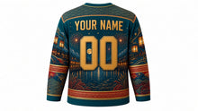 Load image into Gallery viewer, Tenjin Matsuri Original Hockey Jersey in Canal Teal, back view with custom YOUR NAME and 00