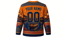 Load image into Gallery viewer, Tenjin Matsuri Original Hockey Jersey in Lantern Amber, back view with custom YOUR NAME and 00