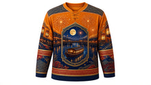 Load image into Gallery viewer, Tenjin Matsuri Original Hockey Jersey in Lantern Amber, front view with detailed full-body artwork and ornate crest