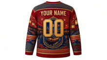 Load image into Gallery viewer, Tenjin Matsuri Original Hockey Jersey in Festival Crimson, back view with custom YOUR NAME and 00