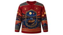 Load image into Gallery viewer, Tenjin Matsuri Original Hockey Jersey in Festival Crimson, front view with detailed full-body artwork and ornate crest