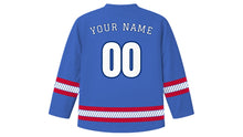 Load image into Gallery viewer, Texas Independence Day Original Hockey Jersey in Bluebonnet Blue, back view with your name and number