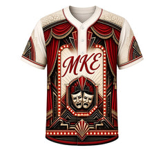 Load image into Gallery viewer, Theater Marquee Milwaukee Baseball Jersey in Ivory Footlight, front view – bulb-lit theater marquee with velvet curtains and art deco ornament, custom name and number