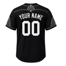 Load image into Gallery viewer, Theater Marquee Milwaukee Baseball Jersey in Marquee Black, back view with your name and number – art deco sleeves and marquee-light hem