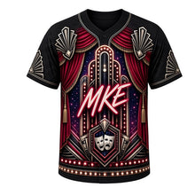 Load image into Gallery viewer, Theater Marquee Milwaukee Baseball Jersey in Marquee Black, front view – bulb-lit theater marquee with velvet curtains and art deco ornament, custom name and number