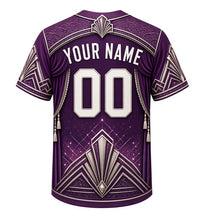 Load image into Gallery viewer, Theater Marquee Milwaukee Baseball Jersey in Art Deco Plum, back view with your name and number – art deco sleeves and marquee-light hem