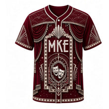 Load image into Gallery viewer, Theater Marquee Milwaukee Baseball Jersey in Velvet Crimson, front view – bulb-lit theater marquee with velvet curtains and art deco ornament, custom name and number
