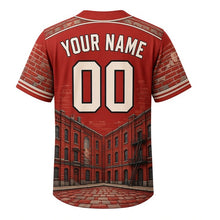 Load image into Gallery viewer, Third Ward Warehouse Milwaukee Baseball Jersey in Warehouse Brick Red, back view with your name and number – custom block name and number with patterned sleeves