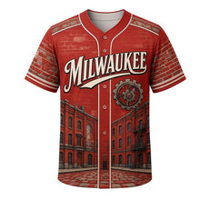 Load image into Gallery viewer, Third Ward Warehouse Milwaukee Baseball Jersey in Warehouse Brick Red, front view – brick warehouses, ghost signs and fire escapes art, custom name and number