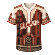 Load image into Gallery viewer, Third Ward Warehouse Milwaukee Baseball Jersey in Ghost Sign Ivory, front view – brick warehouses, ghost signs and fire escapes art, custom name and number