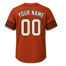 Load image into Gallery viewer, Third Ward Warehouse Milwaukee Baseball Jersey in Fire Escape Rust, back view with your name and number – custom block name and number with patterned sleeves