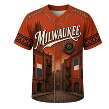 Load image into Gallery viewer, Third Ward Warehouse Milwaukee Baseball Jersey in Fire Escape Rust, front view – brick warehouses, ghost signs and fire escapes art, custom name and number