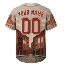 Load image into Gallery viewer, Third Ward Warehouse Milwaukee Baseball Jersey in Cobblestone Gray, back view with your name and number – custom block name and number with patterned sleeves