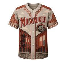 Load image into Gallery viewer, Third Ward Warehouse Milwaukee Baseball Jersey in Cobblestone Gray, front view – brick warehouses, ghost signs and fire escapes art, custom name and number