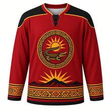Load image into Gallery viewer, Timor-Leste Independence Day Original Hockey Jersey in Liberty Red, front view with themed artwork and clean crest