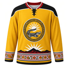 Load image into Gallery viewer, Timor-Leste Independence Day Original Hockey Jersey in Sun Yellow, front view with themed artwork and clean crest