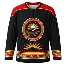 Load image into Gallery viewer, Timor-Leste Independence Day Original Hockey Jersey in Black, front view with themed artwork and clean crest
