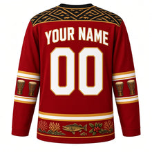 Load image into Gallery viewer, Timor-Leste Original Hockey Jersey in Tais Red, back view with your name and number – tais ikat-weave yoke and babadok drum sleeve bands