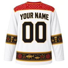Load image into Gallery viewer, Timor-Leste Original Hockey Jersey in Atauro White, back view with your name and number – tais ikat-weave yoke and babadok drum sleeve bands