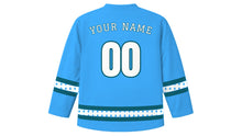 Load image into Gallery viewer, Tiragan Original Hockey Jersey in Aqua Blue, back view with your name and number