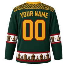 Load image into Gallery viewer, Togo Original Hockey Jersey in Kloto Green, back view with your name and number – Ewe kente strip-weave yoke and agbadza drum sleeve bands