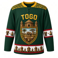 Load image into Gallery viewer, Togo Original Hockey Jersey in Kloto Green, front view – ornate takienta tower-house shield crest with savanna elephant and agbadza drums, kente yoke, detailed artwork, custom name and number