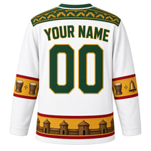 Load image into Gallery viewer, Togo Original Hockey Jersey in Lome White, back view with your name and number – Ewe kente strip-weave yoke and agbadza drum sleeve bands