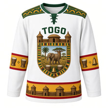 Load image into Gallery viewer, Togo Original Hockey Jersey in Lome White, front view – ornate takienta tower-house shield crest with savanna elephant and agbadza drums, kente yoke, detailed artwork, custom name and number