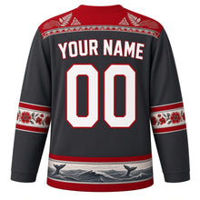 Load image into Gallery viewer, Tonga Original Hockey Jersey in Volcanic Charcoal, back view with your name and number – ngatu tapa-pattern yoke and heilala garland sleeve bands
