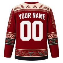 Load image into Gallery viewer, Tonga Original Hockey Jersey in Kalia Crimson, back view with your name and number – ngatu tapa-pattern yoke and heilala garland sleeve bands