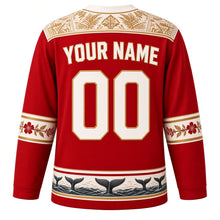 Load image into Gallery viewer, Tonga Original Hockey Jersey in Heilala Red, back view with your name and number – ngatu tapa-pattern yoke and heilala garland sleeve bands