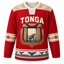 Load image into Gallery viewer, Tonga Original Hockey Jersey in Heilala Red, front view – ornate trilithon gateway crest with heilala garland and breaching humpback whale, ngatu tapa yoke, detailed artwork, custom name and number