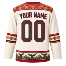 Load image into Gallery viewer, Tonga Original Hockey Jersey in Ngatu White, back view with your name and number – ngatu tapa-pattern yoke and heilala garland sleeve bands