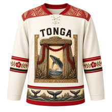 Load image into Gallery viewer, Tonga Original Hockey Jersey in Ngatu White, front view – ornate trilithon gateway crest with heilala garland and breaching humpback whale, ngatu tapa yoke, detailed artwork, custom name and number