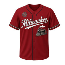 Load image into Gallery viewer, Train Depot Milwaukee Baseball Jersey in Depot Brick Red, front view – vintage steam locomotive graphic with railroad-wheel crest, custom name and number