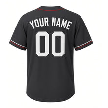 Load image into Gallery viewer, Train Depot Milwaukee Baseball Jersey in Rail Charcoal, back view with your name and number – custom block name and number with rail-tie-stripe sleeves