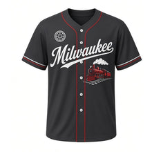 Load image into Gallery viewer, Train Depot Milwaukee Baseball Jersey in Rail Charcoal, front view – vintage steam locomotive graphic with railroad-wheel crest, custom name and number